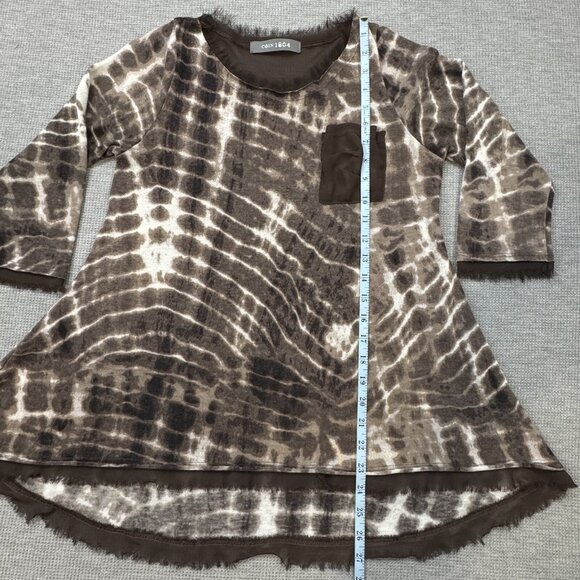 Coin 1804 Womens Brown Tie Dye 3/4 Sleeve Blouse Fringe Trim Sheer Panel Size S - Picture 11 of 14